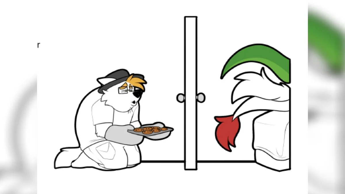 PeaceWolf Drama — Cartoon fox in hat and glasses kneeling with cookie tray outside a bedroom door where a couple is implied to be in bed