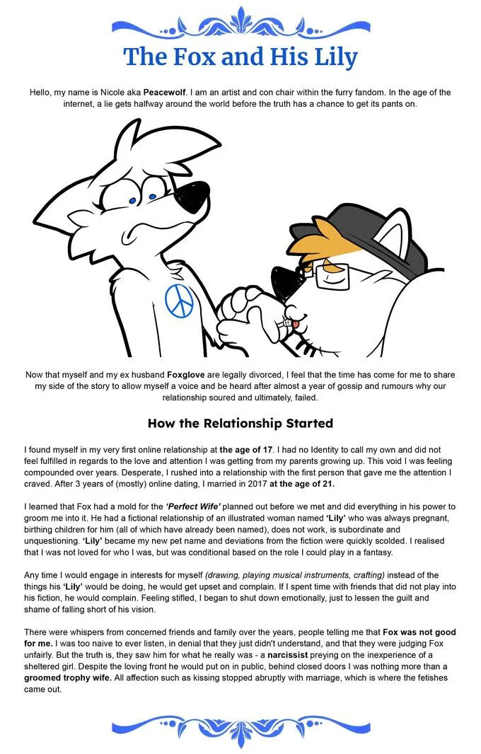 PeaceWolf Drama — Introductory page of Peacewolf's blog post 'The Fox and His Lily' with text and furry illustration of fox and wolf characters
