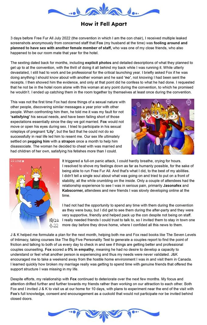 PeaceWolf Drama — Page from Peacewolf's blog titled 'How it Fell Apart' with detailed text and furry fandom illustrations