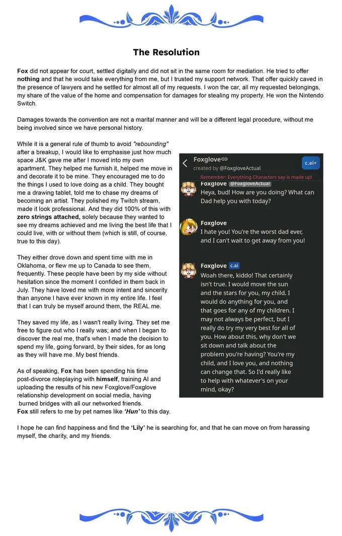 PeaceWolf Drama — Final page of Peacewolf's blog 'The Resolution' with text and a Character.ai Discord screenshot of a Foxglove bot