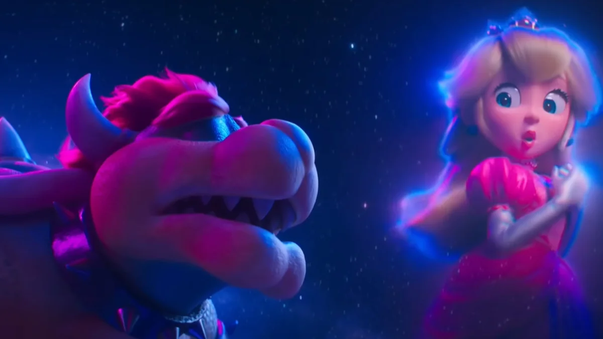 "Peaches" by Bowser (Super Mario Bros. Movie) — Bowser grinning at a wide-eyed Princess Peach in a scene from The Super Mario Bros. Movie
