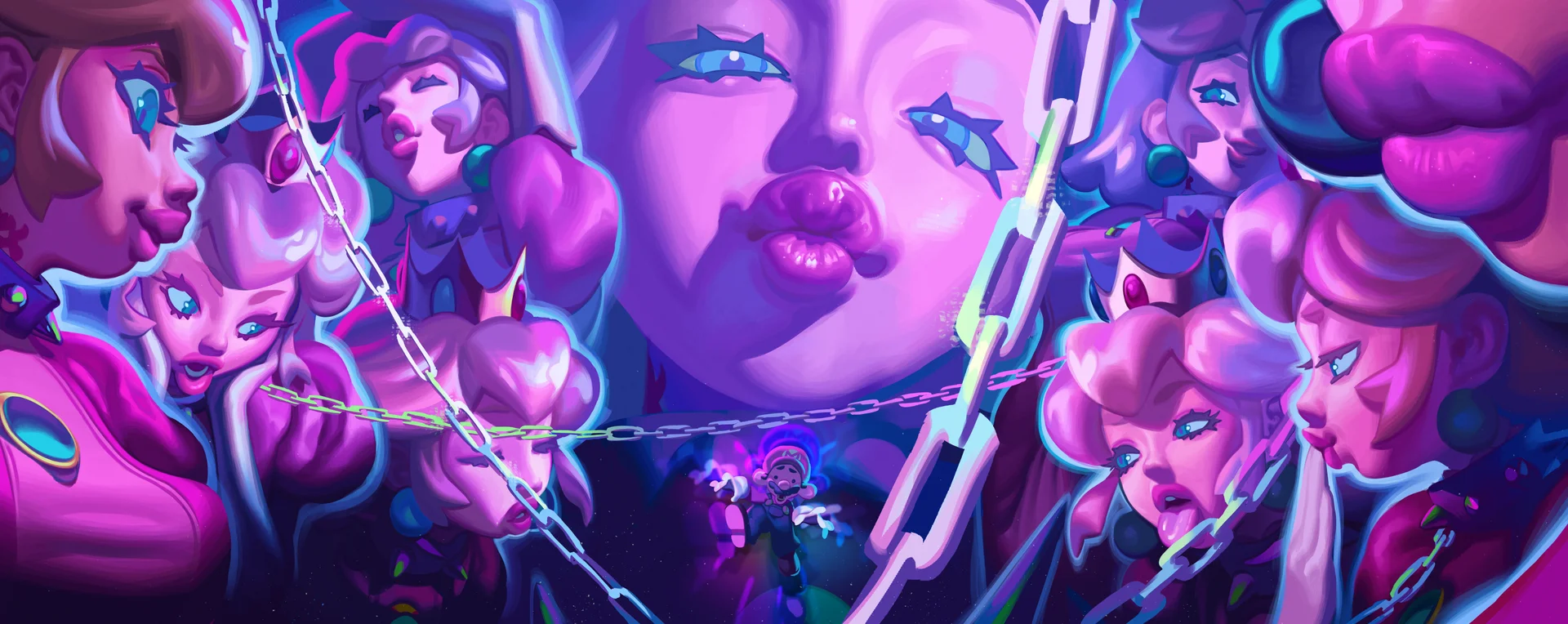 "Peaches" by Bowser (Super Mario Bros. Movie) — Painted fan art of a giant Princess Peach kissing face surrounded by multiple Peaches, chains, and a tiny Mario