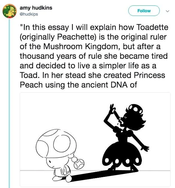 Peachette — Twitter screenshot of an essay tweet theorizing Toadette is the original Mushroom Kingdom ruler