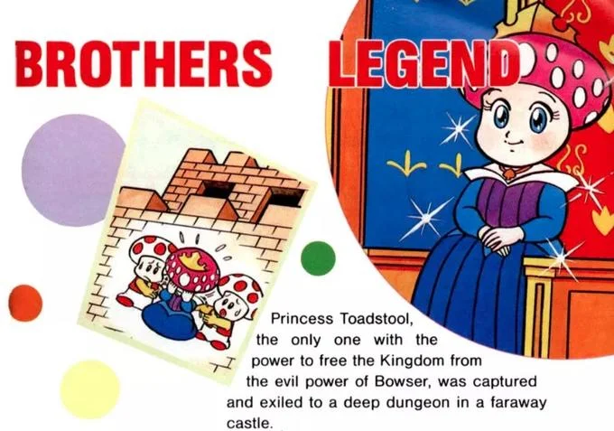 Peachette — Vintage Super Mario Bros manual page titled Brothers Legend showing Princess Toadstool