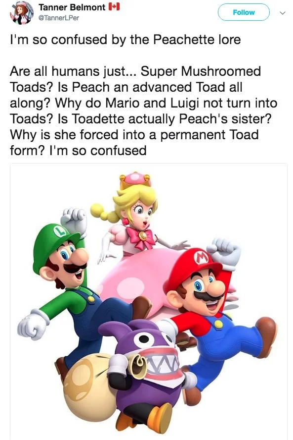 Tweet by Tanner Belmont questioning Peachette lore next to Mario art