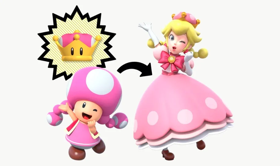 Toadette with a crown thought bubble transforming into Peachette in a pink dress