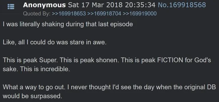 A 4chan forum post from March 2018 discussing 'peak fiction' as slang for exceptional anime content.