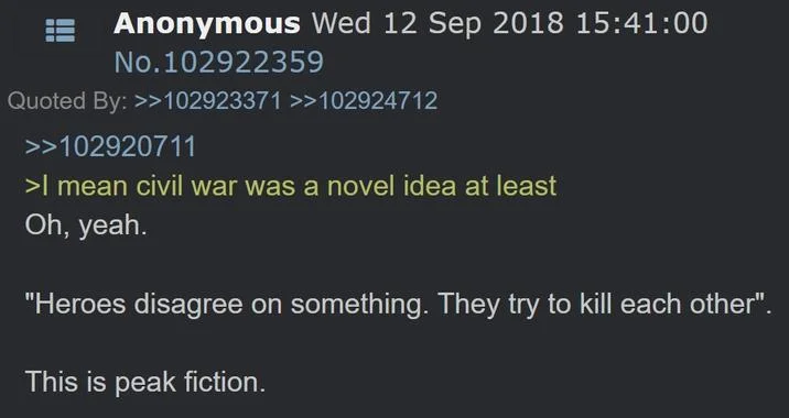 A 4chan forum discussion from September 2018 using 'peak fiction' to describe superlative storytelling.