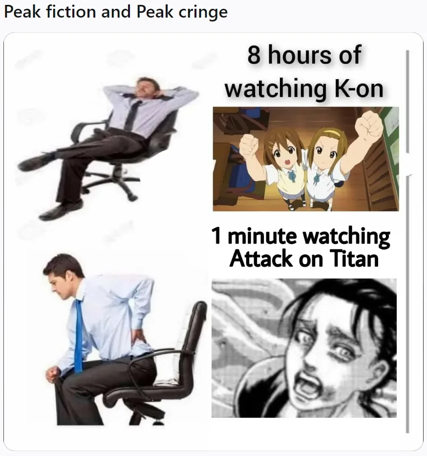 A comparison meme template showing contrasting reactions to peak fiction versus peak cringe using anime screenshots.
