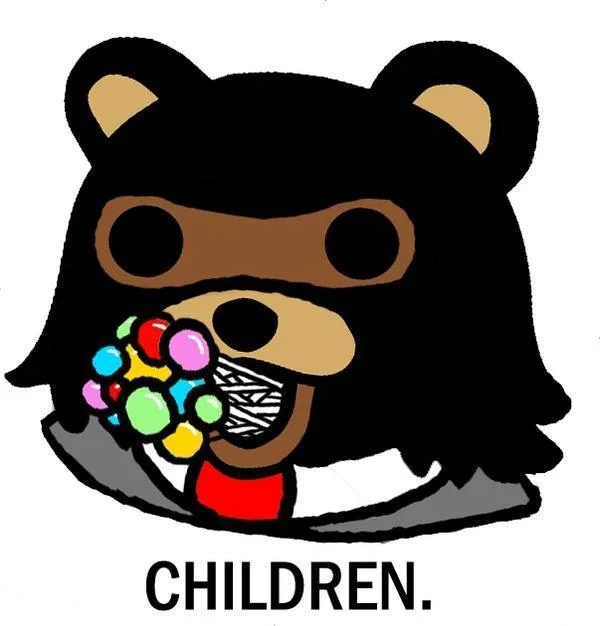 Pedobear dressed as Kanye West holding candy with caption CHILDREN