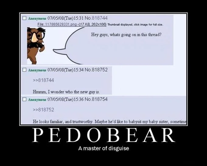 4chan screenshot of Pedobear in a fake moustache and glasses disguise