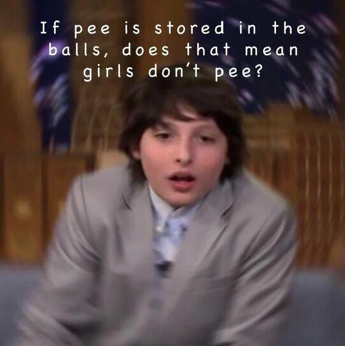 Finn Wolfhard talk-show screenshot captioned 'If pee is stored in the balls, does that mean girls don't pee?'