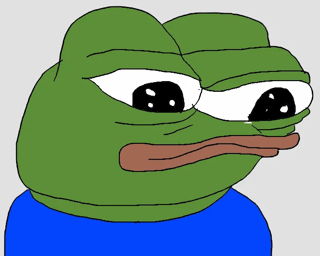 Classic Peepo green frog with big eyes and blue shirt