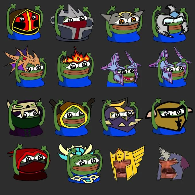 Grid of Peepo emotes dressed as Dota 2 heroes