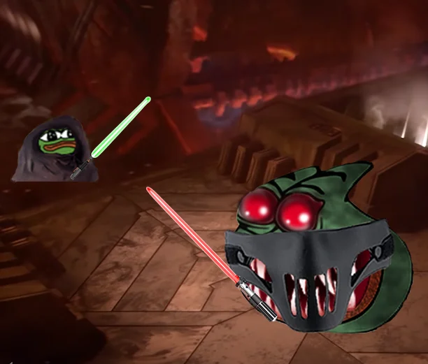 Jedi Peepo versus Sith Peepo with lightsabers in Star Wars scene