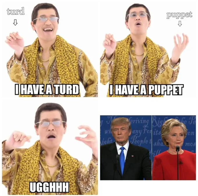 "Pen Pineapple Apple Pen" — PPAP-style political meme combining Piko-Taro with Trump and Clinton debate imagery