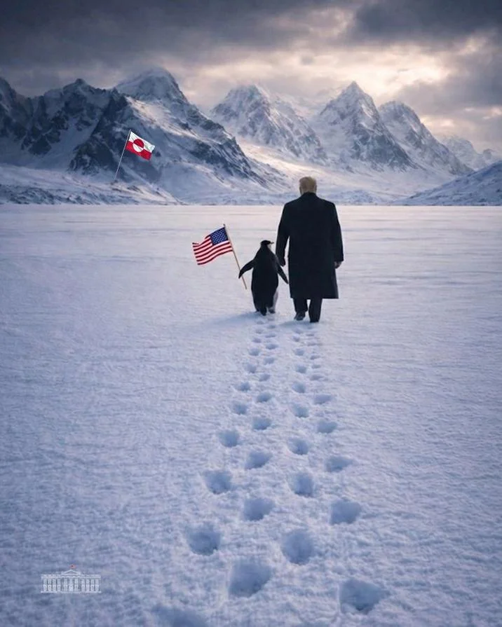 Penguin Walking Toward Mountain — AI-generated image of a Trump-like figure and a penguin walking together toward snowy mountains, carrying American and