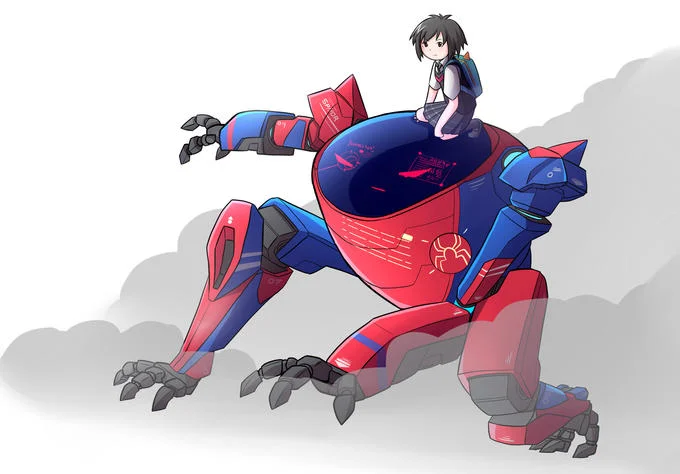 Peni Parker perched on her SP//dr mech in fan art