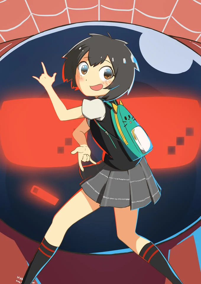 Anime fan art of Peni Parker posing in front of a Spider-Man web design