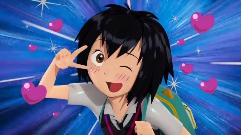 Peni Parker winking and making a peace sign with pink hearts around her