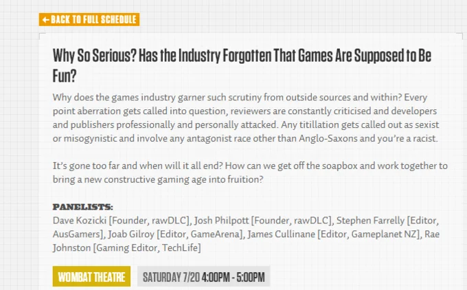 Penny Arcade — PAX panel schedule listing for 'Why So Serious?' gaming industry discussion
