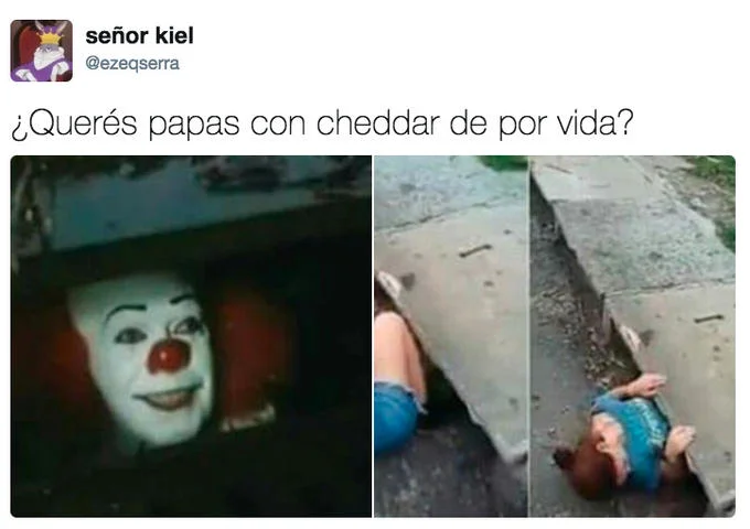 Pennywise The Clown — Spanish Twitter meme with Pennywise offering cheddar fries and a person crawling into a sewer