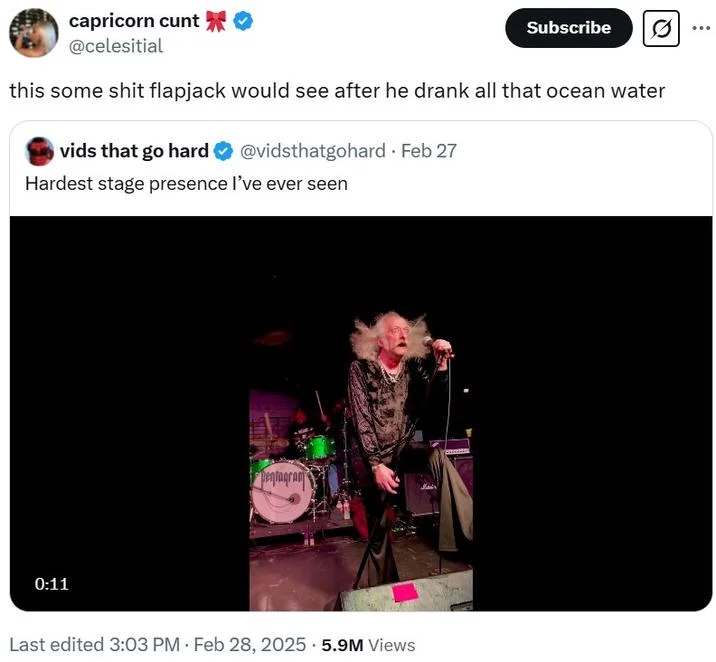 Pentagram Singer Bobby Liebling Staring During The Ghoul — A Twitter post featuring Bobby Liebling's stage performance with his distinctive wide-eyed stare and