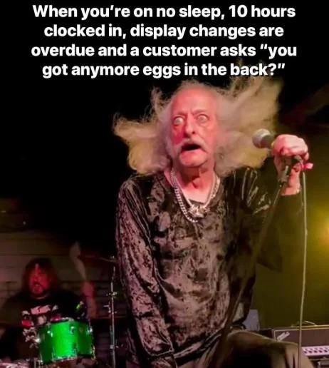 Pentagram Singer Bobby Liebling Staring During The Ghoul — Bobby Liebling on stage with extensive white text describing exhaustion at work with no sleep and