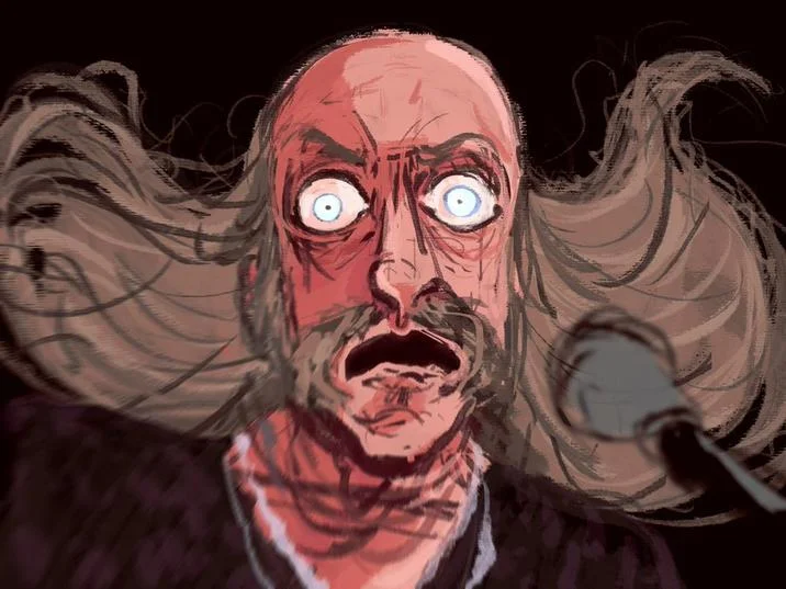 Pentagram Singer Bobby Liebling Staring During The Ghoul — An artistic hand-drawn or digital illustration depicting an exaggerated version of Bobby Liebling's
