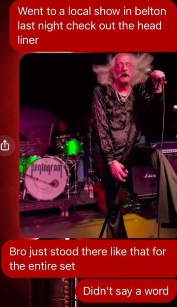 Pentagram Singer Bobby Liebling Staring During The Ghoul — Bobby Liebling on stage with red text boxes describing his silent stance with this expression