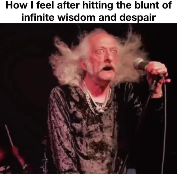 Pentagram Singer Bobby Liebling Staring During The Ghoul — Bobby Liebling on stage with white text reading 'How I feel after hitting the blunt of infinite