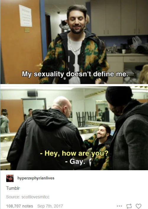 Pentatonix — Two-panel Tumblr meme with Scott Hoying joking about his sexuality