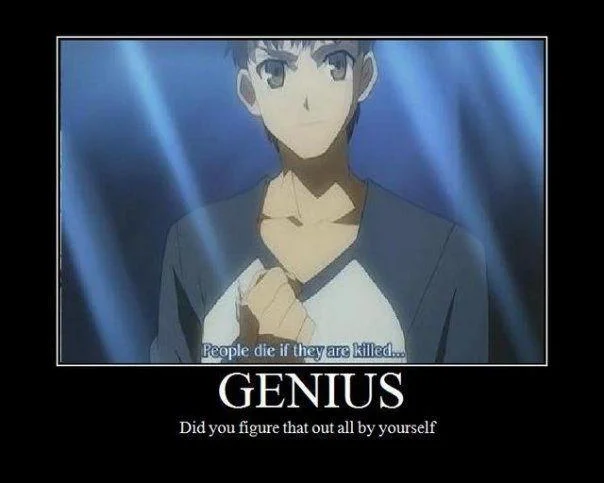 People Die If They Are Killed — Demotivator meme captioned 'GENIUS - Did you figure that out all by yourself' over Shirou's subtitled screenshot.