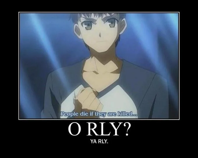 Demotivator meme of Shirou's 'People die if they are killed' subtitle with caption 'O RLY? YA RLY.'