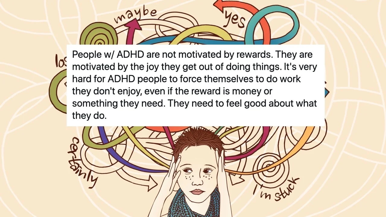 People With ADHD Are Not Motivated By Rewards — Illustration of overwhelmed person with tangled thought arrows and overlaid ADHD tweet text