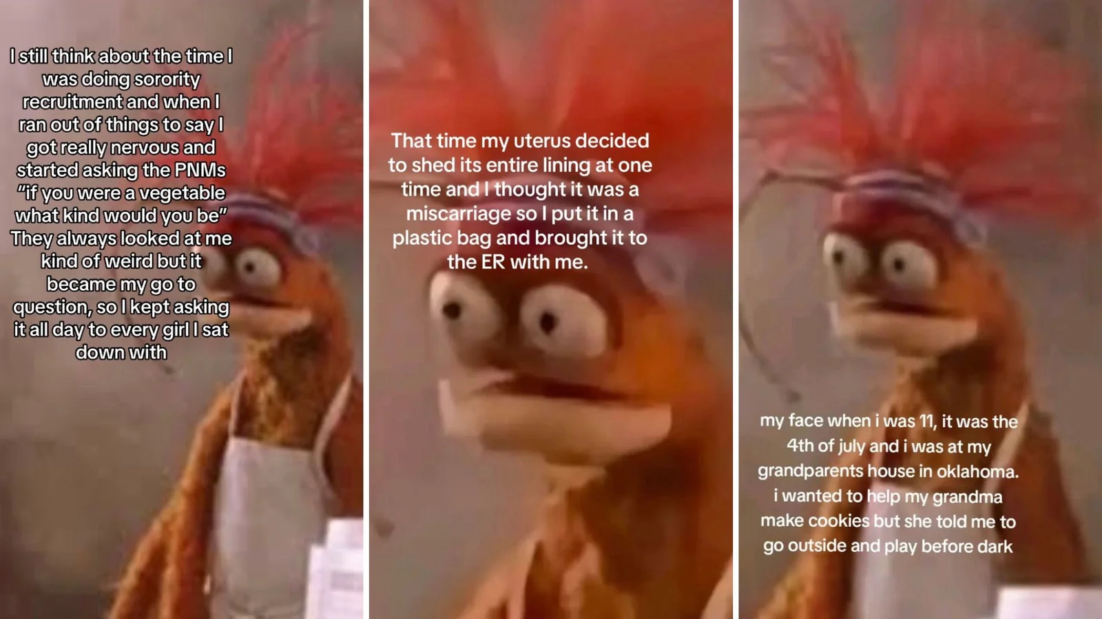 Pepe the King Prawn TikTok — A three-panel reaction meme featuring Pepe the King Prawn in multiple poses expressing different emotions and reactions.