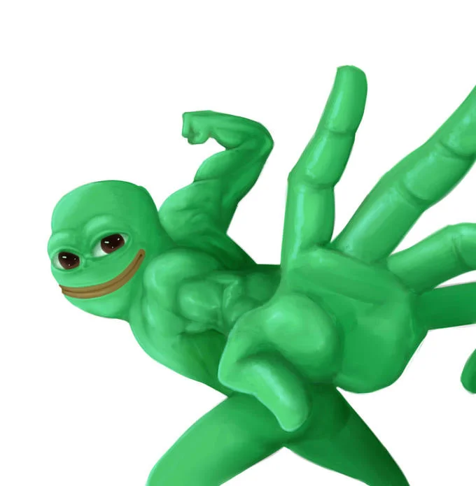 Pepe Punch — Painterly 3D-style rendering of Pepe the Frog mid-punch with muscular, shaded detail