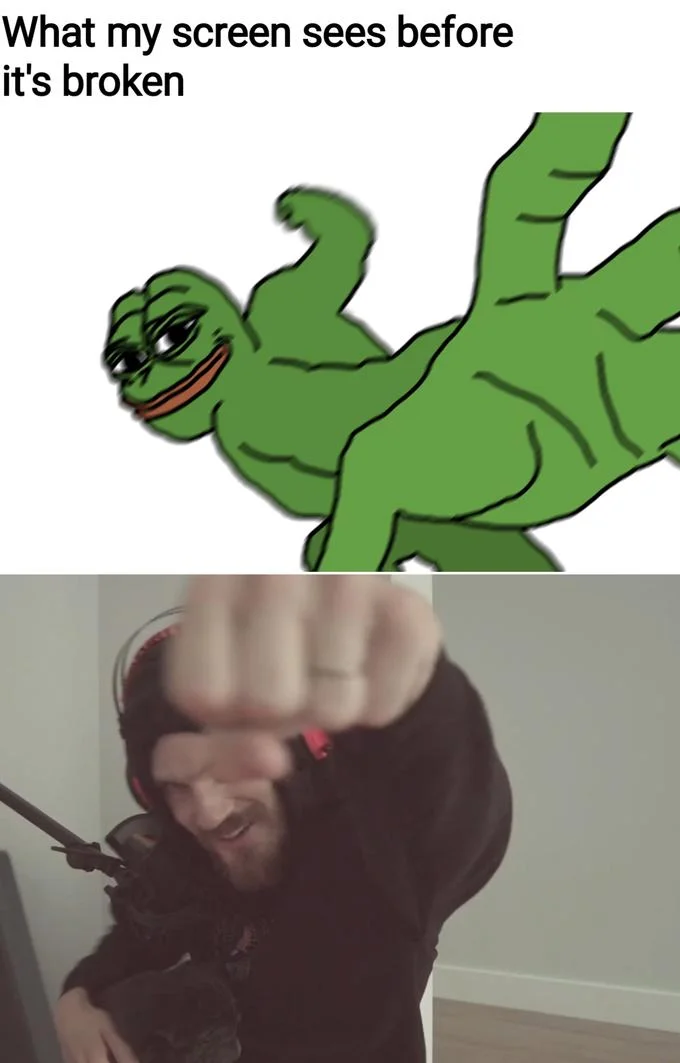 Two-panel meme with Pepe Punch above and a photo of a man throwing a punch at the camera, captioned 'What my screen sees before it's broken'