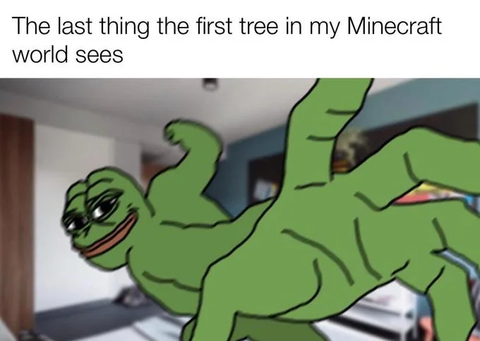 Pepe Punch meme with caption 'The last thing the first tree in my Minecraft world sees' over a bedroom background
