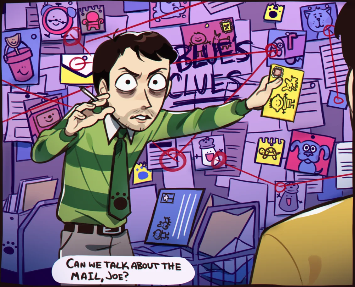 Steve from Blue's Clues drawn in Pepe Silvia conspiracy pose with cartoon clues on board