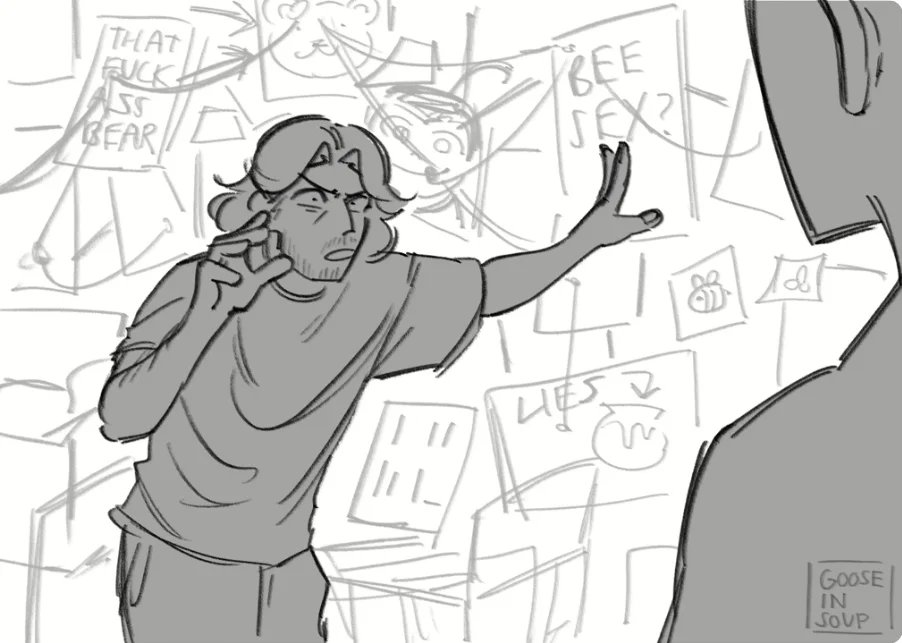 Grayscale sketch of female character in Pepe Silvia conspiracy board pose