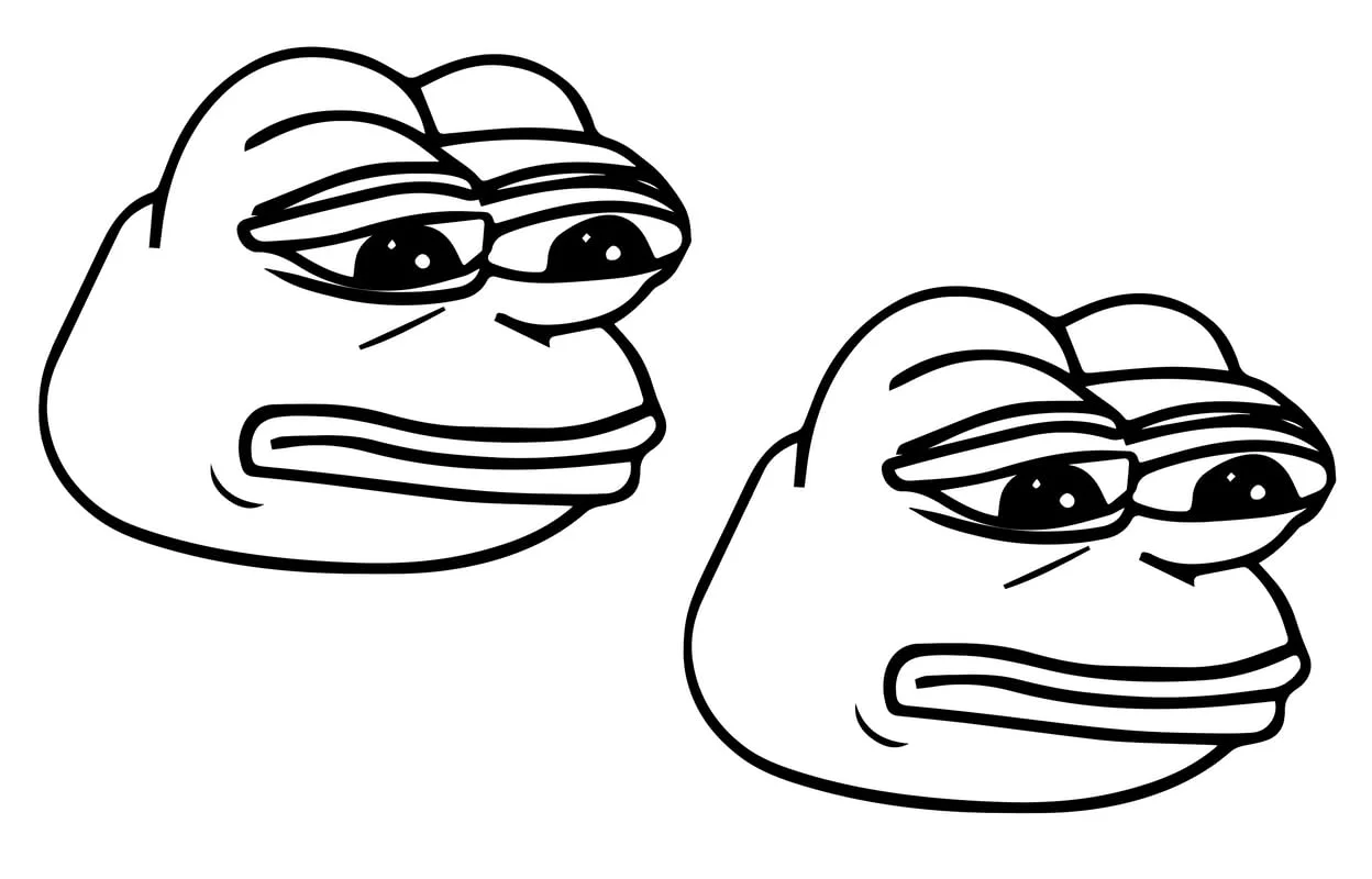 Two minimalist black-and-white pencil-style outlines of Pepe the Frog's face side by side on white background.