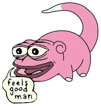 Pepe the Frog — A pink Slowpoke from Pokémon given Pepe's facial features holding a speech bubble reading 'feels good man' in simple flat cartoon style.