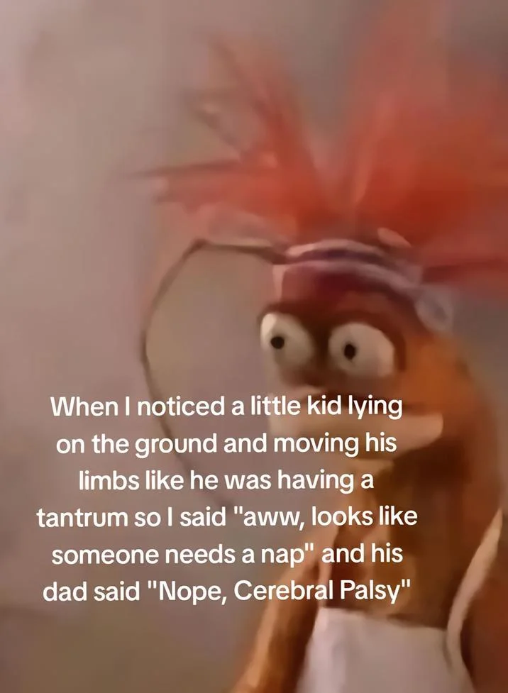 Pepe the King Prawn meme about awkward cerebral palsy misunderstanding