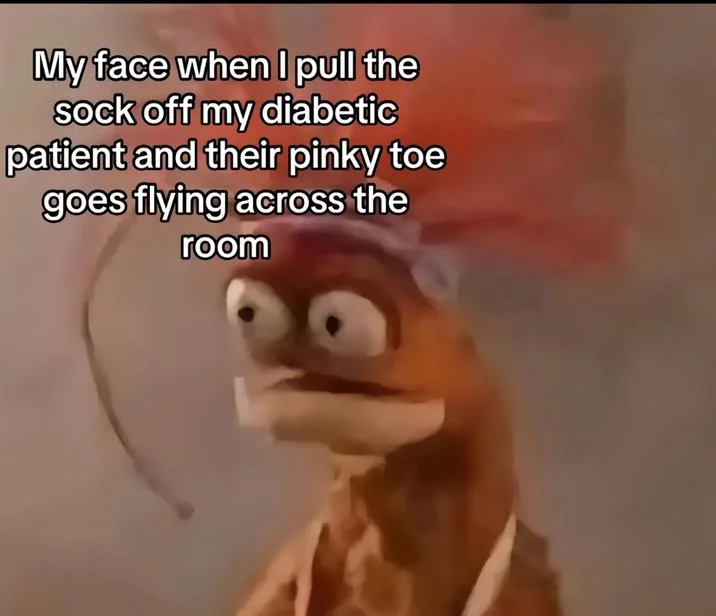 Pepe the King Prawn meme about diabetic patient losing toe