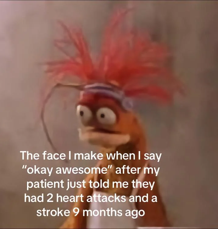Pepe the King Prawn meme about awkward healthcare worker response