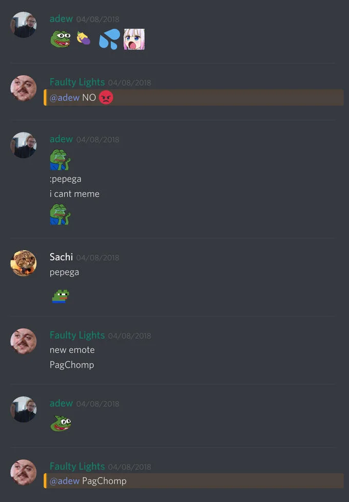 Discord chat screenshot showing users posting the pepega emote in April 2018