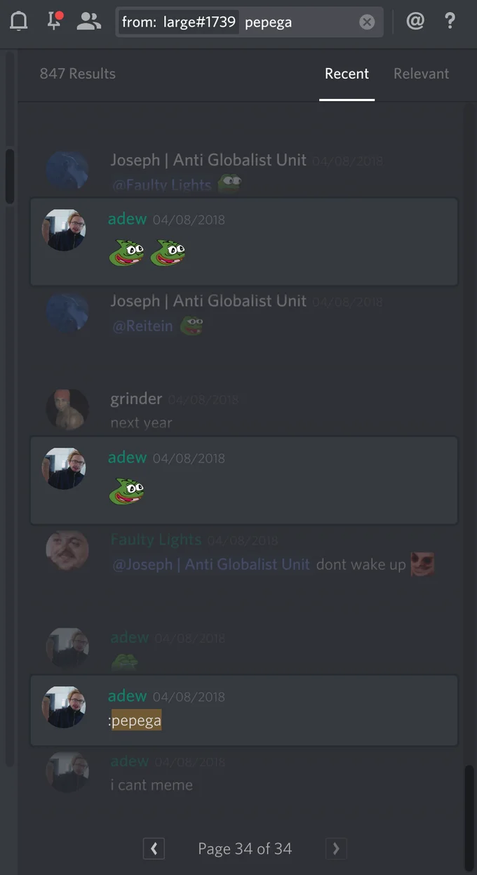 Discord search results screenshot showing 847 uses of the pepega emote