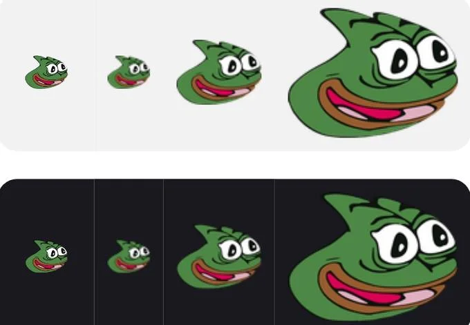Pepega emote displayed at increasing sizes on light and dark backgrounds