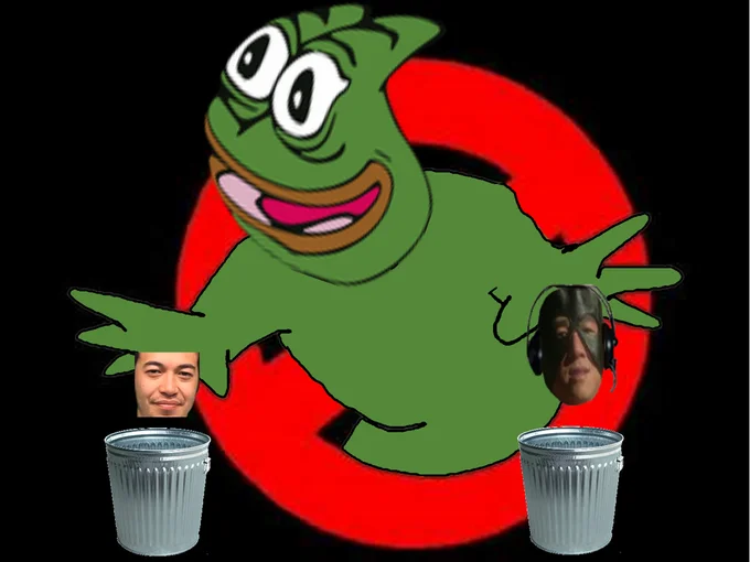 Ghostbusters parody logo with Pepega inside a red no-symbol and streamer heads in trash cans